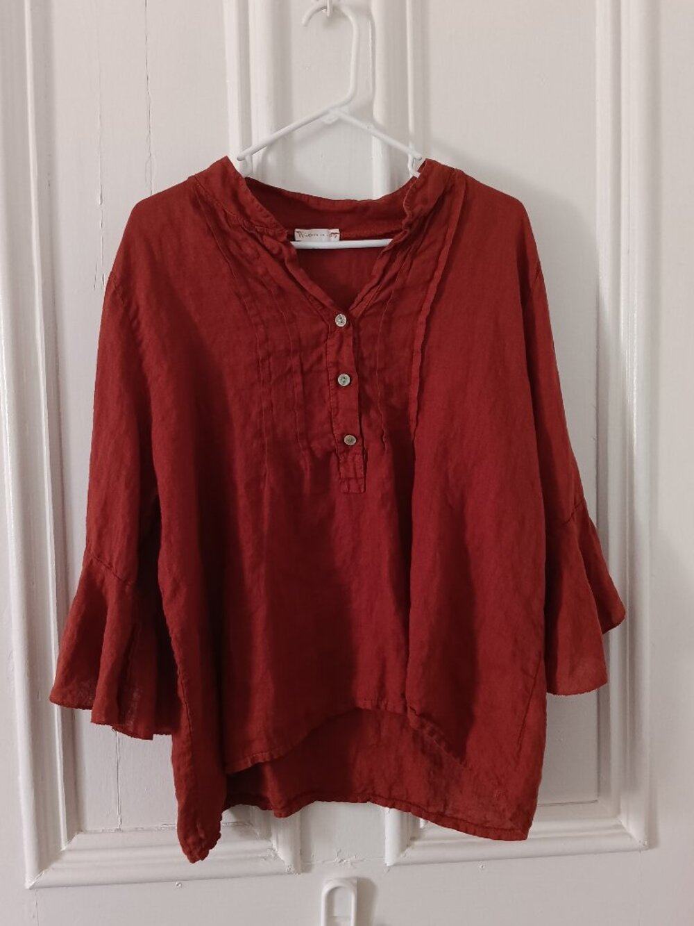 100% Italian Linen Blouse S/M Ruffle Sleeves Lagenlook Boho Rust Fall